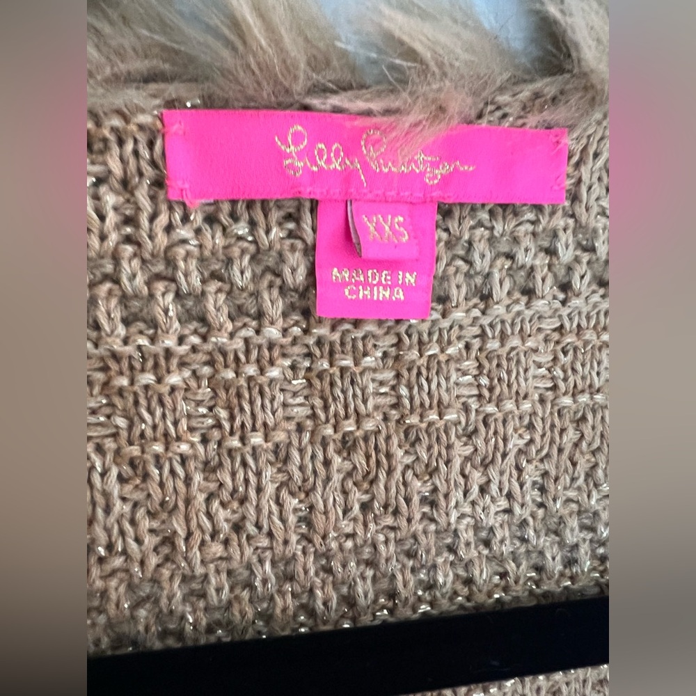 Lilly Pulitzer Preona Gold Metallic Cardigan Sweater with Faux Fur Trim XXS. - Picture 10 of 11